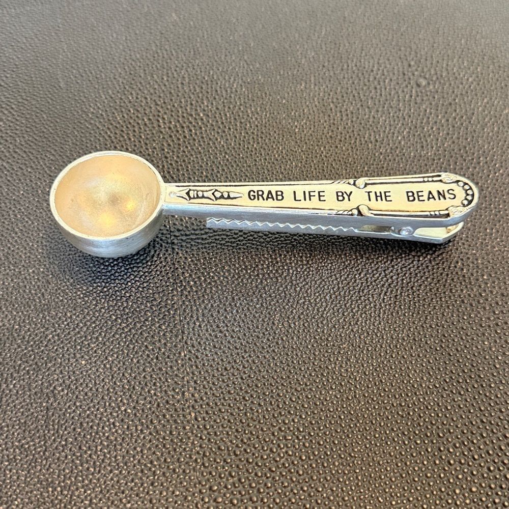 Silver colored Coffee Scoop Clip Grab Life By The Beans